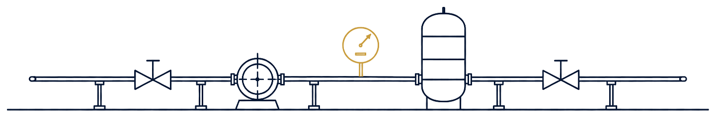 Single-line drawing of a pumping and treatment skid: an isolation valve, a centrifugal pump, a flow meter, a vertical treatment vessel, and a second isolation valve on a supported pipe run.